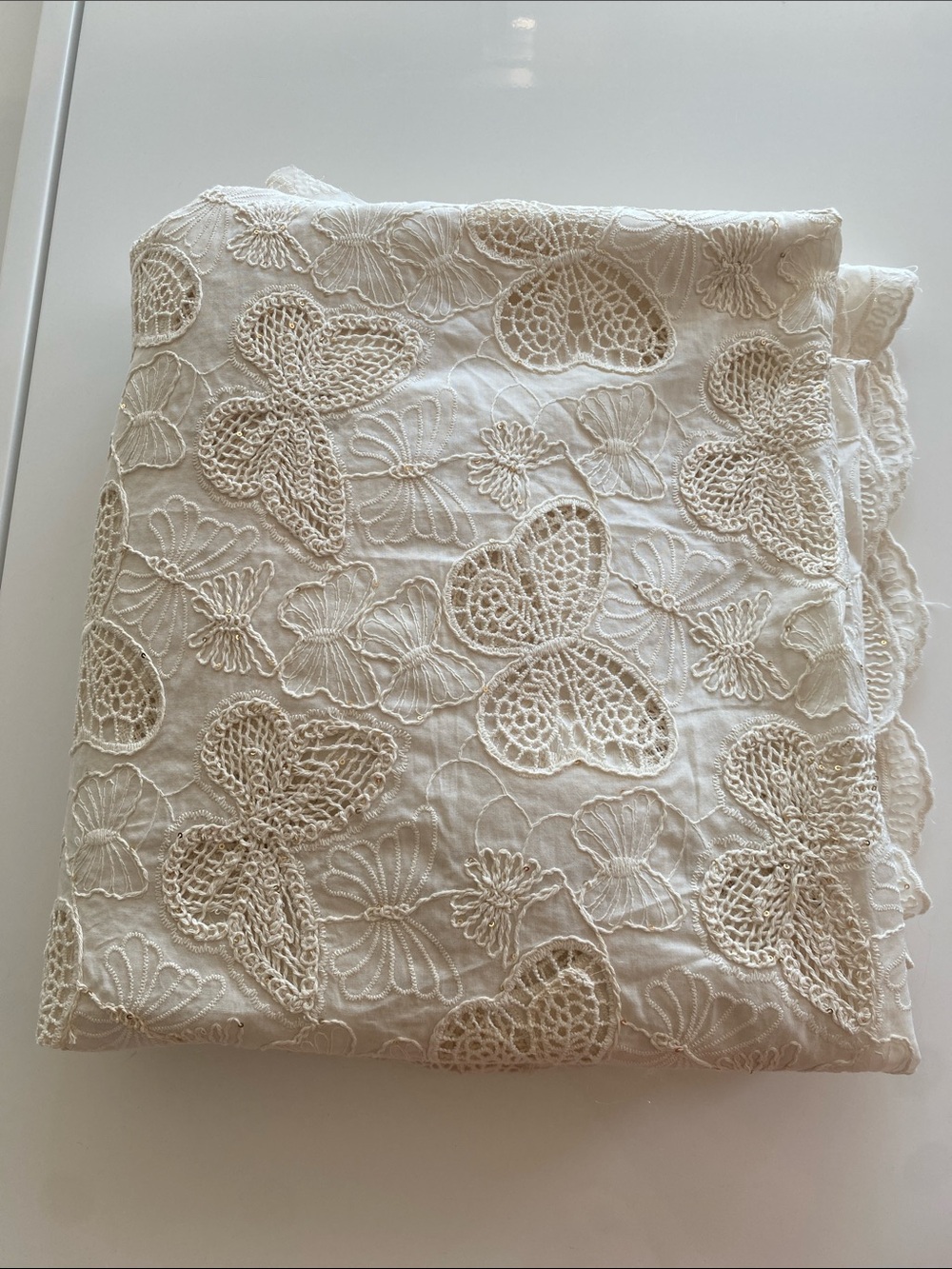2.5 yards Floral Embroidered Cream Cotton Fabric Butterfly Tiny Gold Sequins